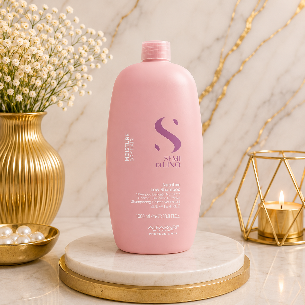 Champú Alfaparf Milano Semi Di Lino Moisture Nutritive Low Shampoo de 1000 ml diseñado para cabello seco
