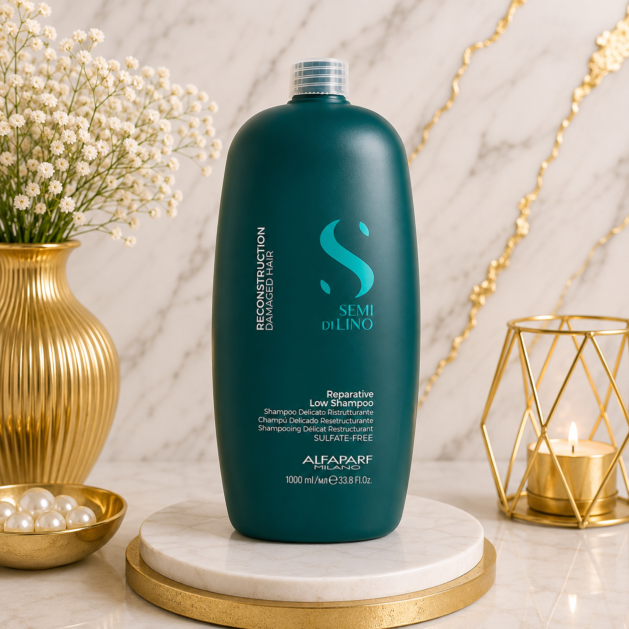 Champú Reparador Alfaparf Milano Semi di Lino Reconstruction de 1000 ml diseñado para cabello dañado.